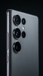 S24 Ultraのチタニウムバックパネルとカメラレンズのクローズアップ