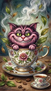 ティーカップからひょっこり顔を出す、水彩画のような不思議なチェシャ猫。