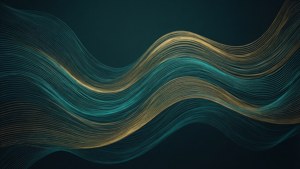 流れるようなティールとゴールドの波をあしらったモダンな抽象壁紙で、洗練された印象を与えます。