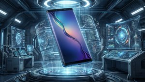 ホログラフィックラボに浮かぶGalaxy S10を描いたSF風壁紙。