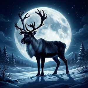 雪の夜、満月の下に浮かぶトナカイのシルエット。 — クリスマス エステ 壁紙