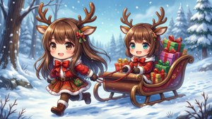 ちびアニメ風の女の子たちがトナカイになって、そりでプレゼントを引く
