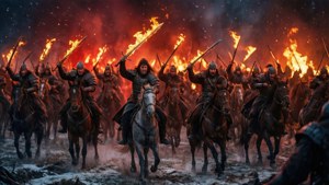 ドスラキの戦士たちが炎の剣を掲げて死者の軍勢に突撃する — ゲーム・オブ・スローンズ シーズン8 壁紙