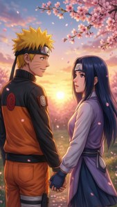 桜の下でロマンチックなナルトとヒナタの壁紙。