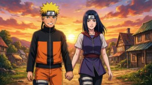 夕日の中を歩くナルトとヒナタ — アニメカップル GIF 壁紙