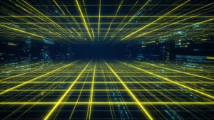 ネオンイエローとダークブルーのSFグリッドが特徴的な、未来的なデジタル壁紙。