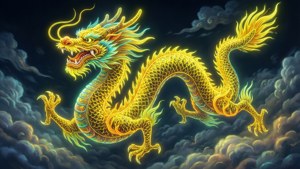 雲の中にネオンイエローのアクセントが施された伝統的な中国の龍、縁起の良い壁紙。