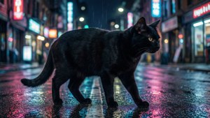 サイバーパンクのネオン街路にいる黒猫
