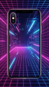 サイバーパンクな壁紙、ネオングリッド上のiPhone Xをフィーチャー。