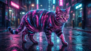 ネオンの縞模様の猫がサイバーパンクの街を歩いている。 — 猫 壁紙