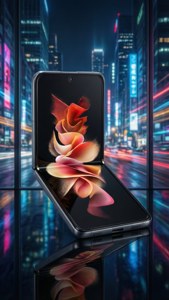 未来的なネオンに照らされた街で開かれたZ Flip 5。テクノロジーと都会のナイトライフが融合した光景。