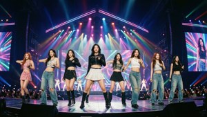 ネオンライトに照らされた華やかなステージでパフォーマンスするTWICEの姿。 — 트와이스 壁紙