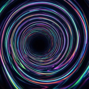ネオンライトで縁取られた深い螺旋状のトンネル。