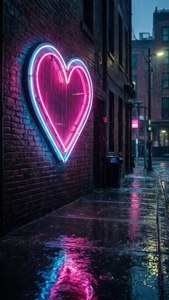 雨の街の路地の壁に輝くネオンのハートサイン。 — ラブ エステティック GIF 壁紙