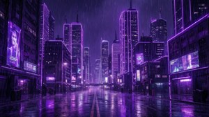 サイバーパンクスタイルの光るネオンパープルの都市景観