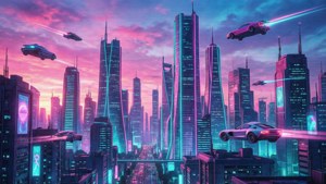 夕暮れ時の未来的な都市のスカイラインに、ピンクとシアンのネオンライトが輝く光景。