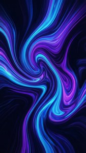 暗い背景にネオンブルーとパープルの渦が描かれた鮮やかな抽象フルーイドアート。iPhone Xsに最適。