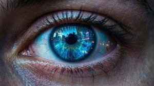 ネオンブルーに輝く瞳のクローズアップ、サイバーパンクスタイル — ネオンブルー 壁紙