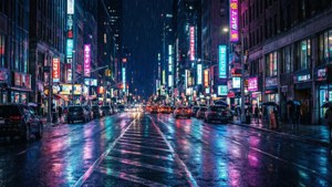 ネオンライトと濡れた反射が映えるサイバーパンクな夜の街並み。 — iPad 壁紙
