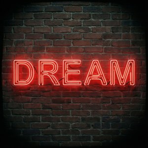 レンガの壁に掲げられた、やる気を起こさせるネオンレッドのDREAMサイン。 — ネオンレッド 壁紙