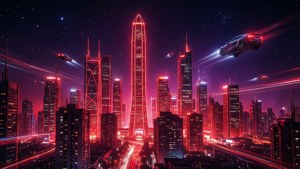 未来的なネオンレッドの夜景都市スカイライン、サイバーパンク美学。 — ネオンレッド 壁紙