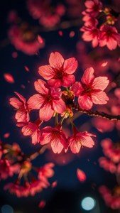闇夜に浮かび上がる、幻想的なネオンレッドの桜。 — ネオンレッド 壁紙