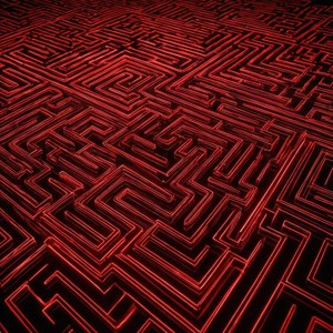 光る線が描く催眠的なネオンレッドの迷路パターン。 — ネオンレッド 壁紙