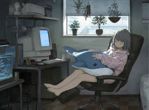 ノートパソコンの前で眠るアニメ少女 — アニメ ノートパソコン 壁紙