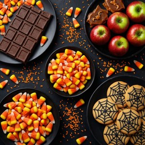 黒背景にカラフルなハロウィンのキャンディとクッキーのフラットレイ