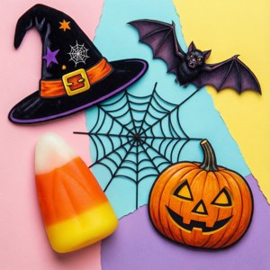パステルカラーの背景にハロウィンのアイテムをアーティスティックにコラージュした作品
