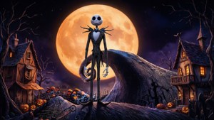 月を背景にシルエットとなったジャック・スケリントンがハロウィンタウンを見下ろしている。 — ナイトメアー・ビフォア・クリスマス GIF 壁紙