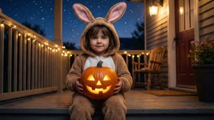 うさぎのパジャマを着た愛らしい子供とカボチャの、ほっこりハロウィン壁紙。 — かわいいハロウィン 壁紙