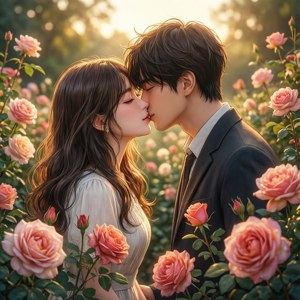 アニメカップルがバラ園で額にキスをしている — アニメカップル GIF 壁紙