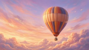 パステルカラーの夕焼け空を漂う熱気球、下には雲が広がる。 — 空の眺め 壁紙
