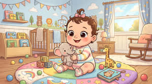 赤ちゃん、ナーサリー、漫画、イラスト、子供、部屋、インテリア、かわいい、おもちゃ、幼児、プレイルーム、パステル、キャラクター、ぬいぐるみ、ゾウ、ベビーベッド、ブロック、デザイン、背景