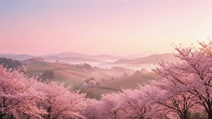 桜と霧に包まれた丘陵が広がる、淡いピンクの美的景観。