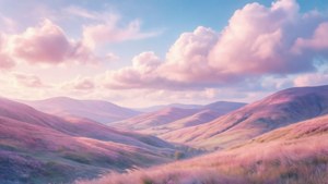 パステルカラーのなだらかな丘と夢のような雲が広がる、優しい雰囲気の美的景観。 — ソフトな美的GIF 壁紙
