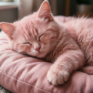 パステルピンクのふわふわした猫がクッションの上で眠っている — パステルピンク 壁紙
