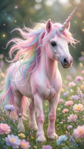 虹色のたてがみを持つ魔法のパステルユニコーンが、パステルカラーの花畑に立っている幻想的な風景。 — パステル 壁紙