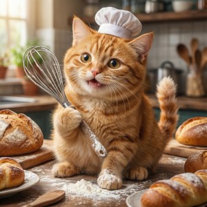 日差しの入るキッチンで働くかわいい猫のパン屋さん — アニメ猫 壁紙