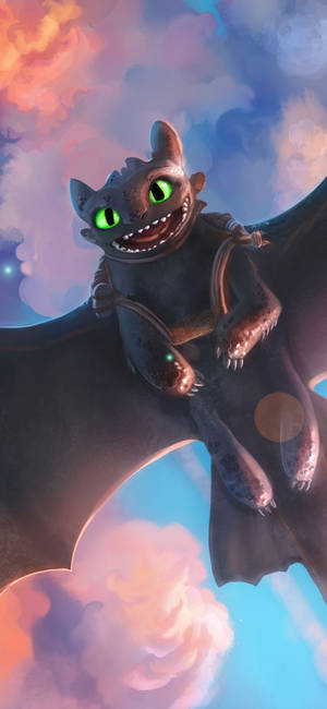 ピンクの空に浮かぶ『ヒックとドラゴン』トゥースレスの壁紙 — iPhone 12 壁紙