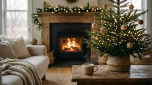 暖炉とミニマルなツリーのある、居心地の良いおしゃれなクリスマスのリビングルーム。 — クリスマス エステ 壁紙