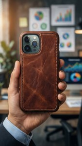 革製ケースに入ったiPhone 11 Pro Maxを、オフィスを背景にプロフェッショナルが手に持っている様子。