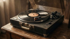レコードプレーヤーと回転するレコードのノスタルジックなクローズアップ。 — レトロな美学 壁紙