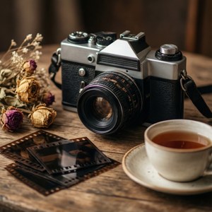 ビンテージカメラとフィルムネガ、ドライフラワー。 — インディー エステティック GIF 壁紙