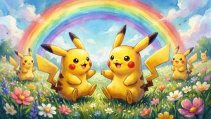虹のかかる花畑で遊ぶピカチュウのかわいい水彩画。 — Nintendo 壁紙