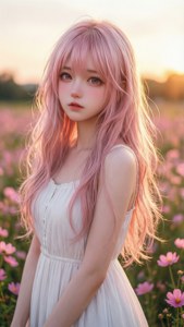 夕焼けの花畑に立つ、淡いピンク色の美しいアニメ少女。 — iPhone 8 壁紙