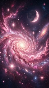 星と三日月が浮かぶ、夢のようなパステルピンクの銀河。 — パステルピンク 壁紙
