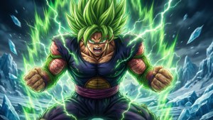 伝説の超サイヤ人となったブロリーが、氷と破壊の中であふれ出る力を放つドラマチックな描写。 — ドラゴンボール超 ブロリー 壁紙