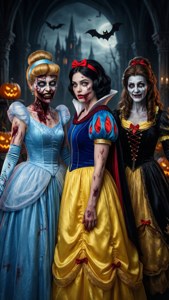 ディズニープリンセスたちがハロウィンのモンスターとしてゴシックな世界観で描かれています。